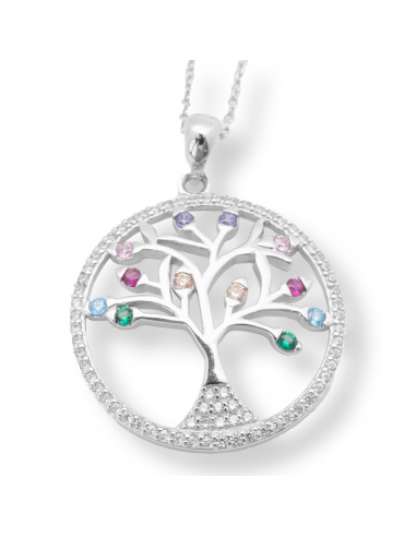 Collier arbre de vie en argent 925 rhodié avec zirconium de couleur